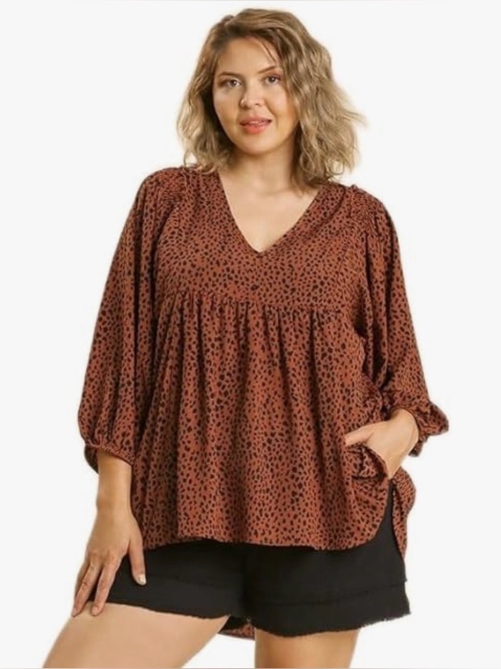 Umgee Animal Print Babydoll Tunic Top Oversized Balloon Sleeve Rust Black L